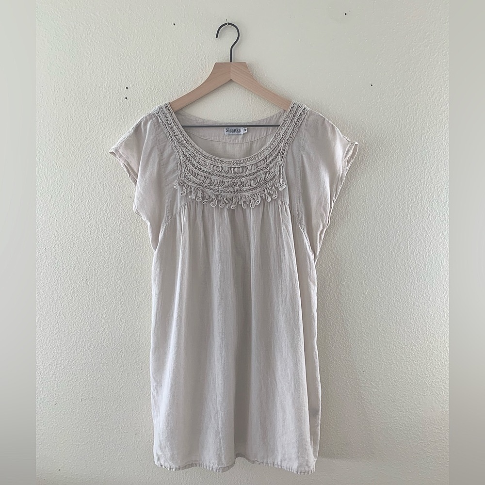 SIGANKA 100% Cotton Shirt Boho Chic Taupe Medium, Embroidered neckline